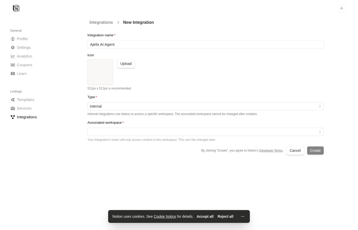 Integration name filled in Notion form